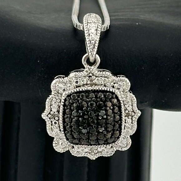 Beautiful  Black and White Diamond Cluster Pendant with Sterling Chain - Picture 4 of 8
